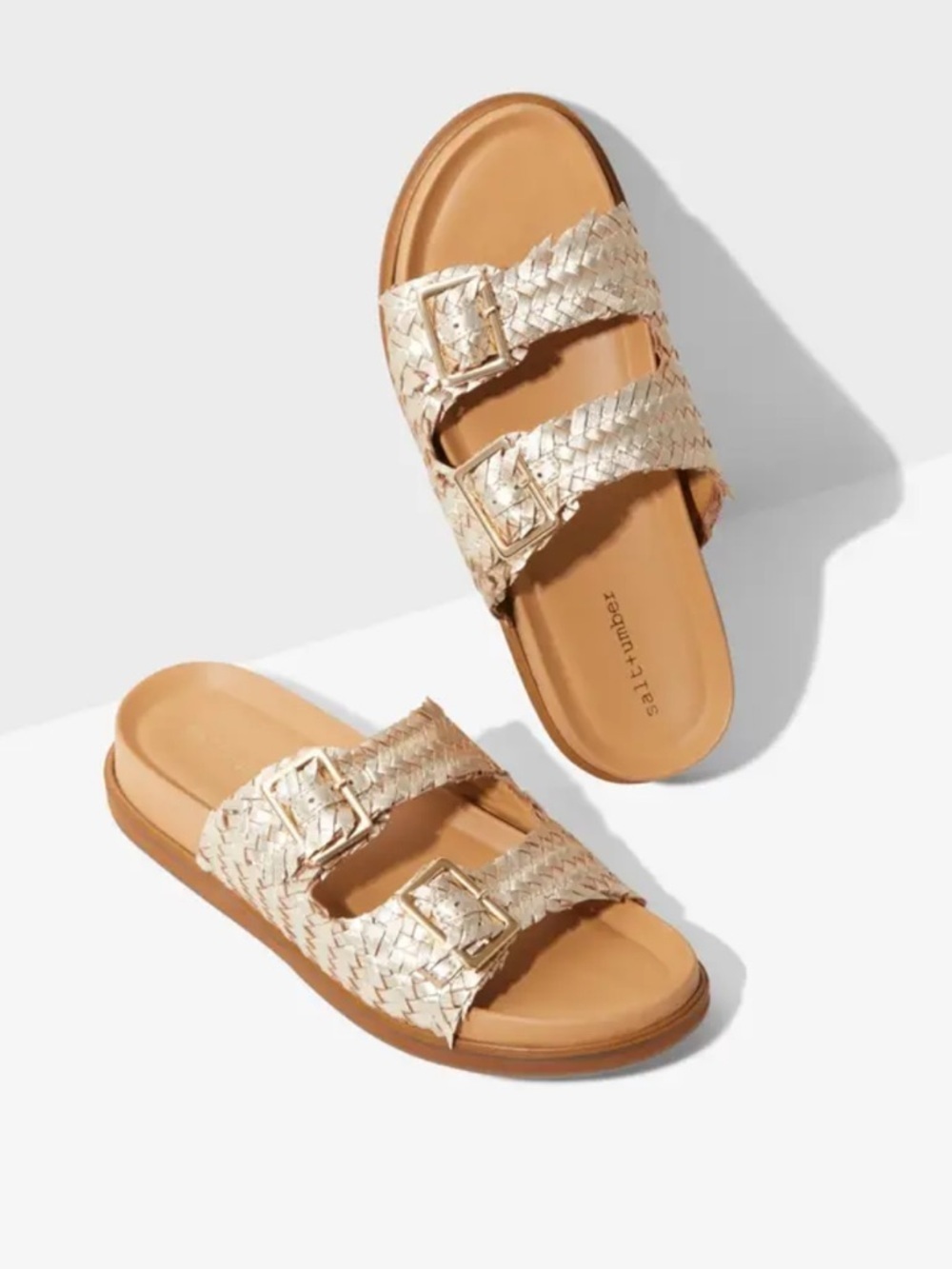 SALT + UMBER Santiago Woven Gold Slide Sandals Double Buckle